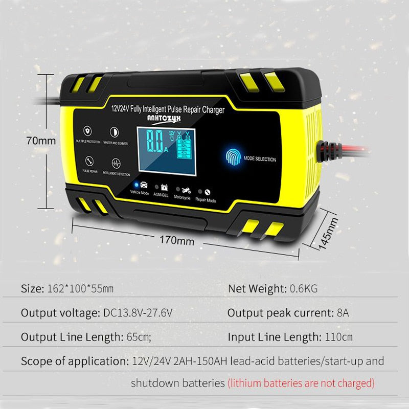 Carregador da Bateria Totalmente Automático 12V-24V, 8A-4A - Display LCD Digital